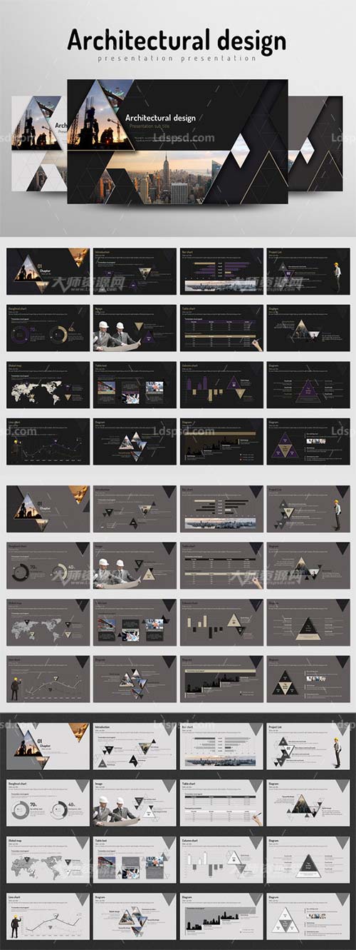 Architectural Design,PPT/PPTX模板－酷黑风格的建筑类数据汇报模板